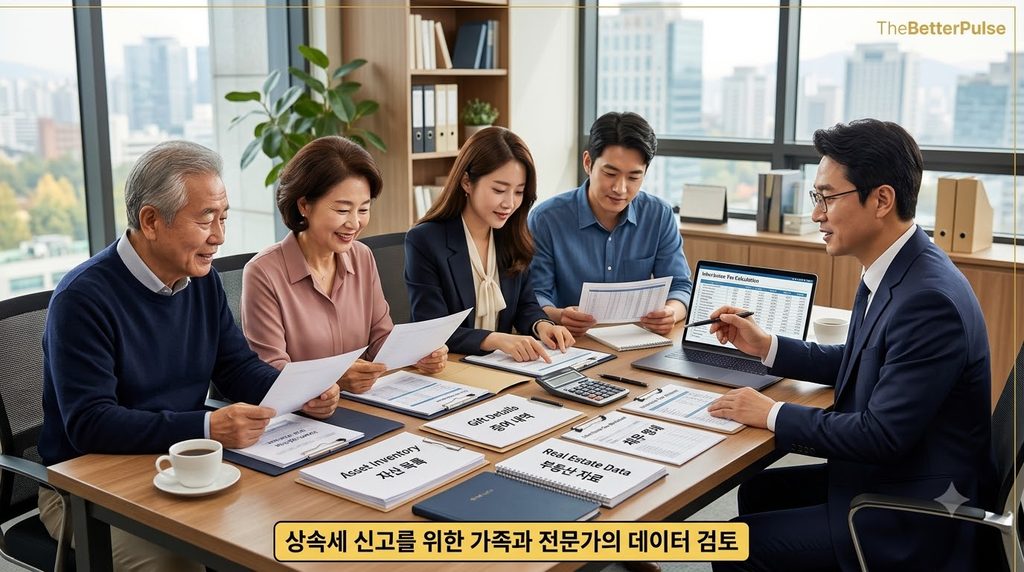 상속세 절세를 위해 가족과 세무전문가가 재산목록을 함께 확인하는 모습