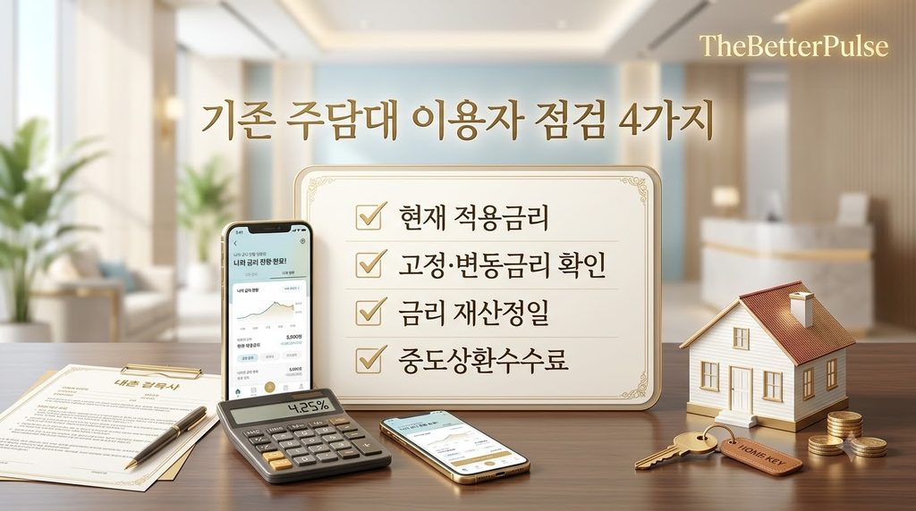 주담대 금리 8% 시대 기존 주택담보대출 이용자가
금리 상승기 가장 먼저 확인해야 할
대출 조건 네 가지를 정리한 그림.