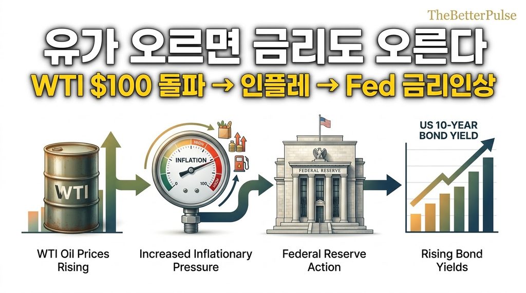 유가와 금리의 상관관계를 나타내는 플로우 차트
(유가 상승 → 인플레이션 → Fed 금리인상 → 채권금리 급등)