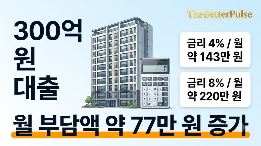 주담대 금리 8%, 3억원을 30년 원리금균등으로 상환할 때
금리 상승에 따른 월 상환액 차이를
한눈에 보여주는 비교 그림.