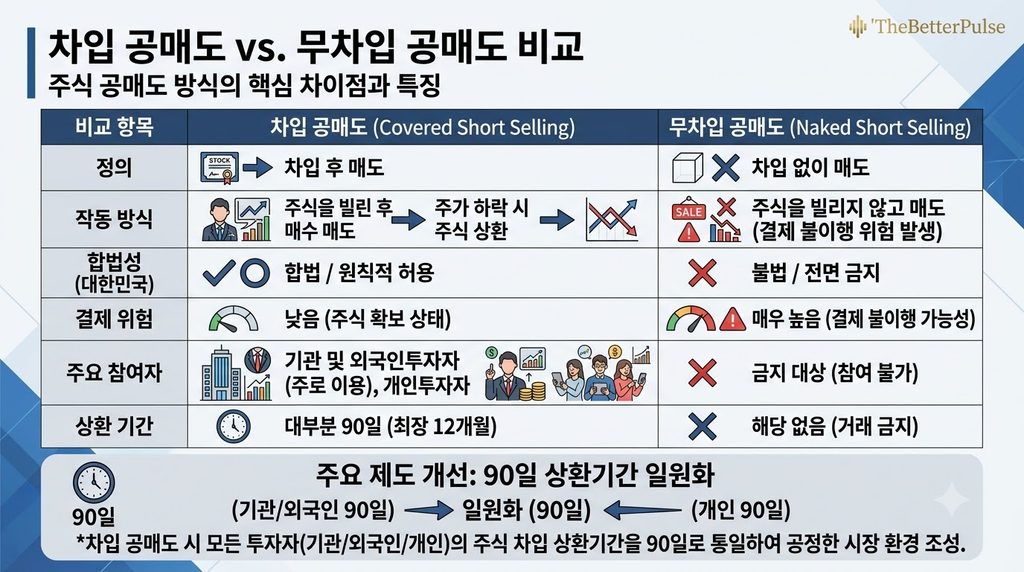 공매도 제도 개편 기관 개인 상환기간 90일 일원화 비교