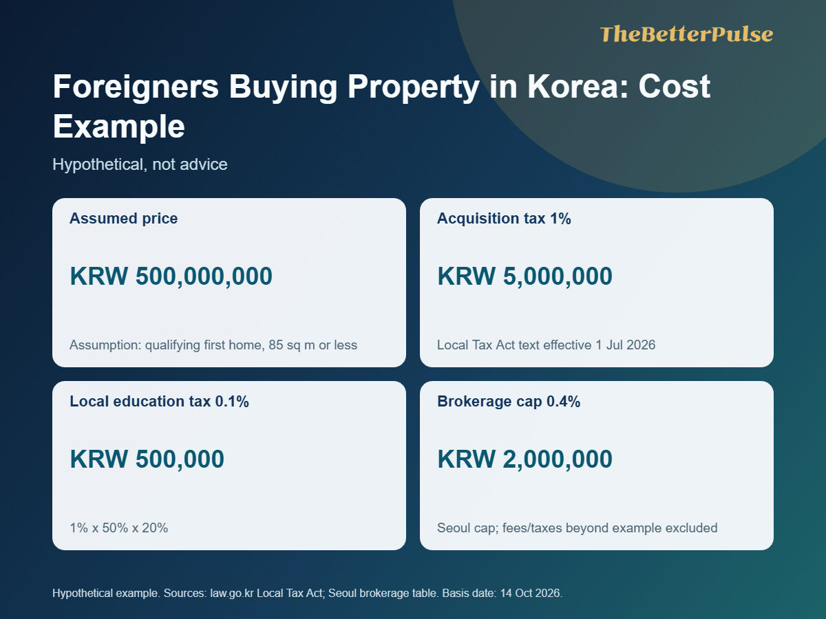 Hypothetical cost breakdown for Foreigners Buying Property in Korea showing acquisition tax, local education tax and brokerage fee on a KRW 500 million home