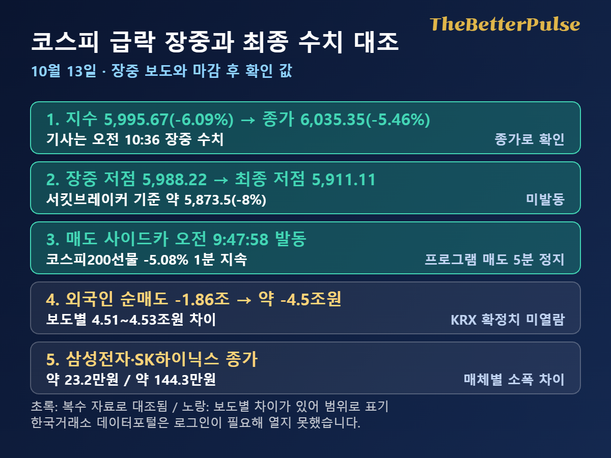 코스피 급락 10월 13일 장중 수치와 종가, 사이드카, 서킷브레이커 기준을 대조한 점검표