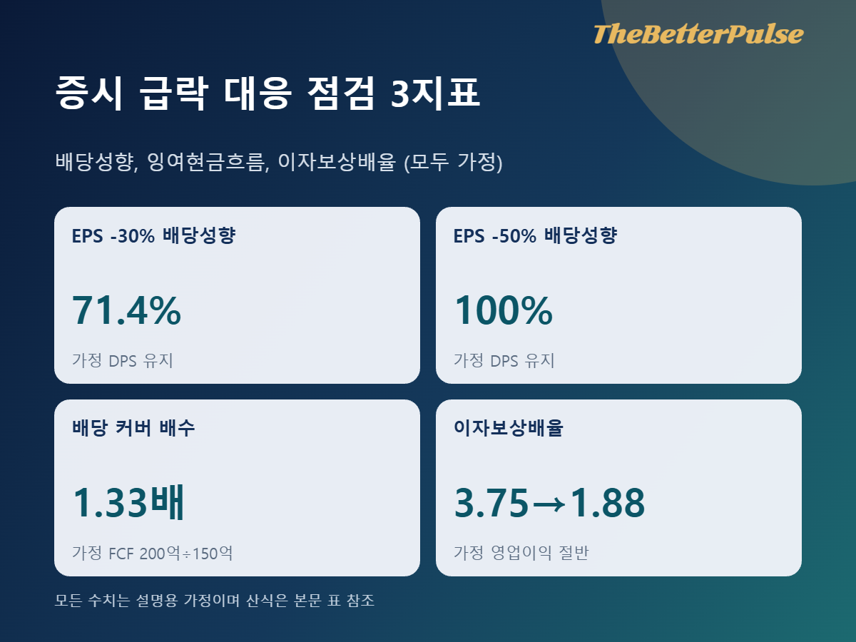 증시 급락 대응 점검 지표인 배당성향 71.4%와 100%, 잉여현금흐름 배당 커버 1.33배, 이자보상배율 3.75에서 1.88 하락을 가정 수치로 보여주는 카드