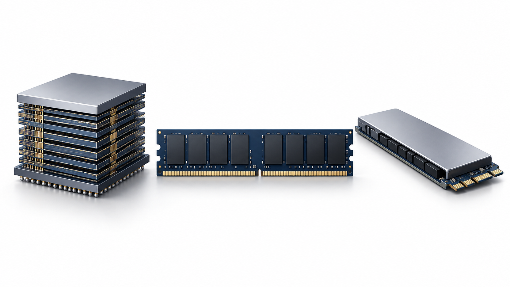 SK하이닉스 주가 전망관련 적층칩과 DRAM 모듈, NAND SSD를 구분한 반도체 제품 구성 개념도