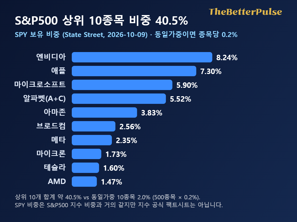 S&P500 상위 10개 종목 비중 합계 약 40.5%를 보여주는 막대그래프