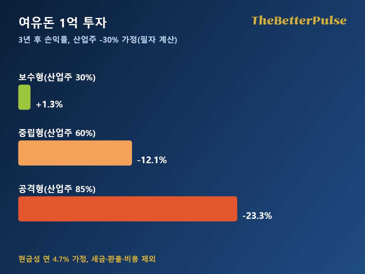 여유돈 1억 투자: 산업주 -30% 충격 시 3년 후 손익률 보수형 +1.3%, 중립형 -12.1%, 공격형 -23.3% 막대 그림