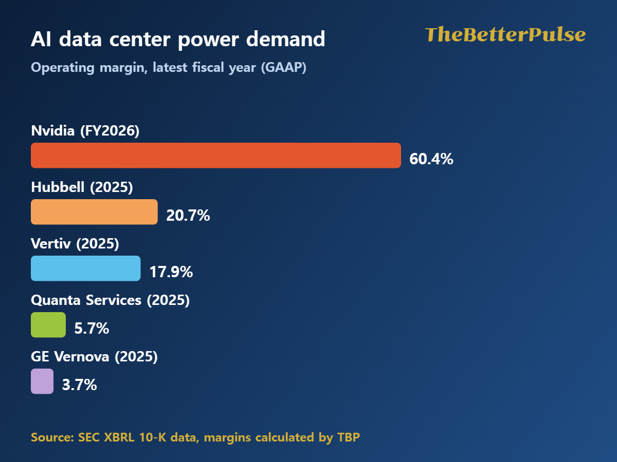 AI data center power demand: operating margins of Nvidia 60.4%, Hubbell 20.7%, Vertiv 17.9%, Quanta 5.7% and GE Vernova 3.7% bar chart