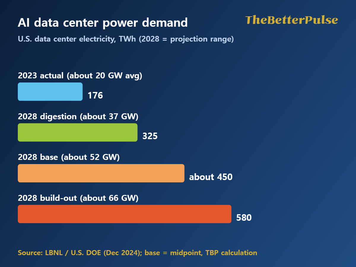 AI data center power demand scenarios: U.S. data center electricity of 176 TWh in 2023 versus 325, about 450 and 580 TWh in 2028 bar chart