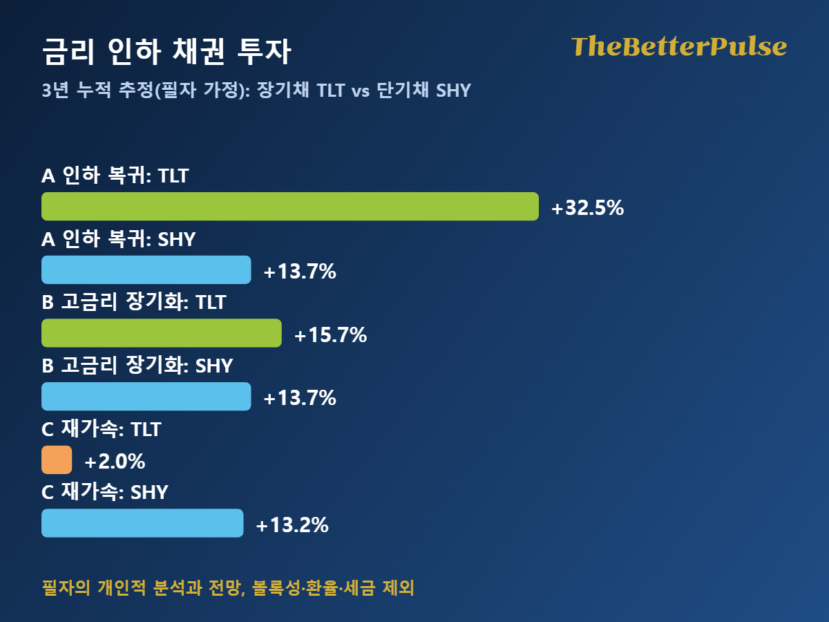 금리 인하 채권 투자: 2027~2029년 세 가지 금리 시나리오별 TLT와 SHY 3년 누적 추정 수익률 막대 그림