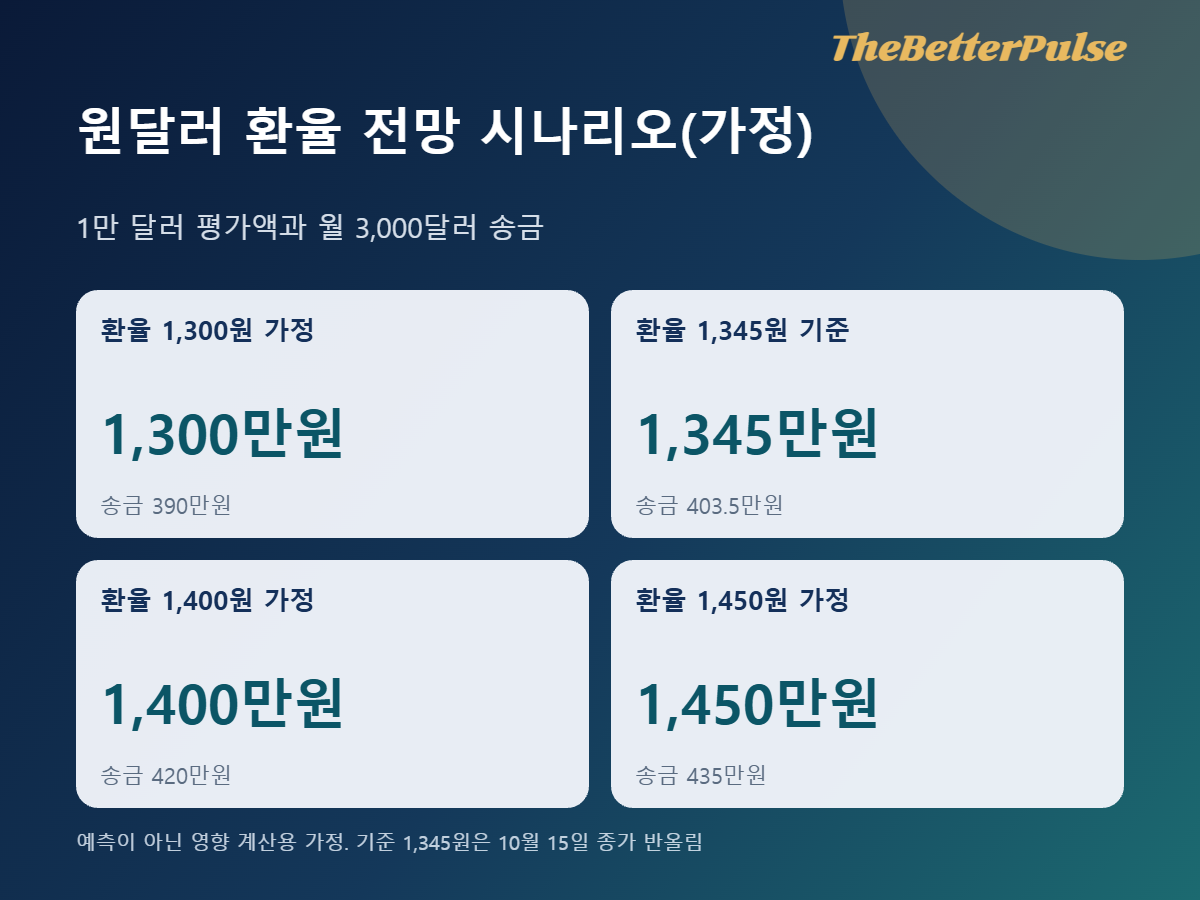 환율 1,300원부터 1,450원까지 가정했을 때 1만 달러 평가액과 월 3,000달러 송금액을 비교한 원달러 환율 전망 시나리오 표 이미지