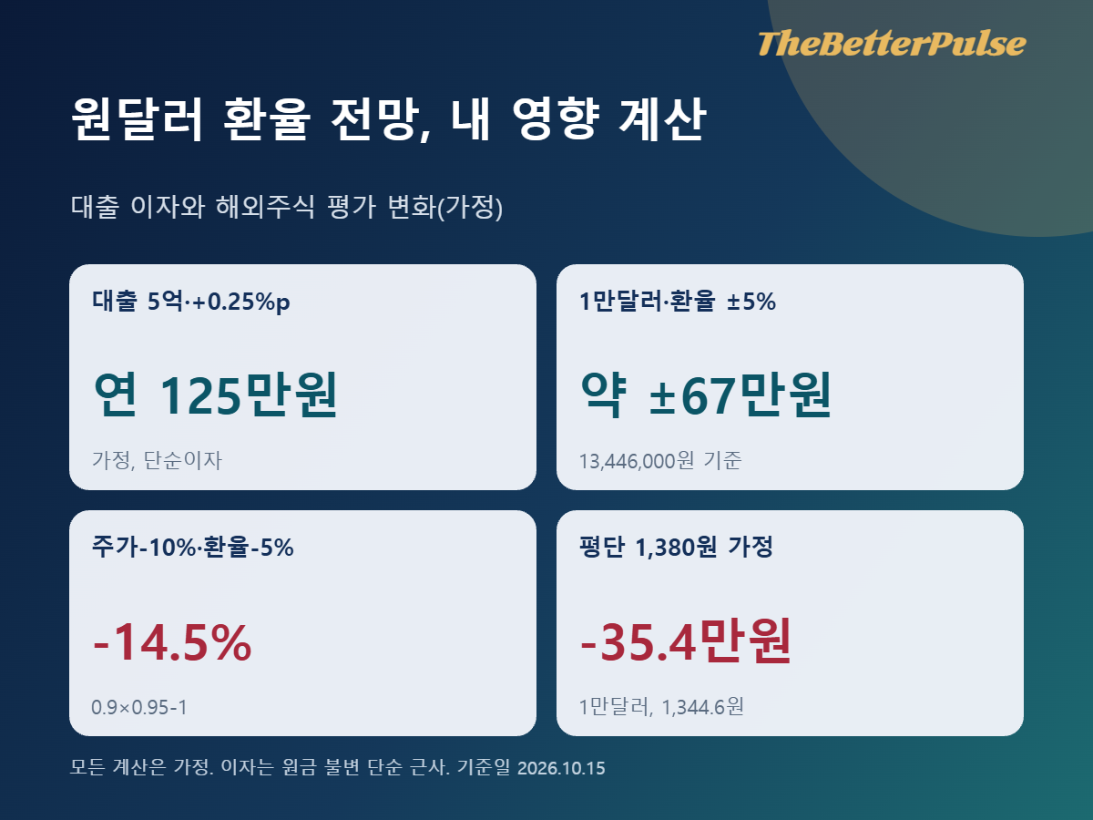대출 5억원 금리 0.25%p 상승 시 연 125만원, 1만 달러 환율 5% 변동 시 약 67만원 차이를 보여 주는 원달러 환율 전망 영향 계산 이미지